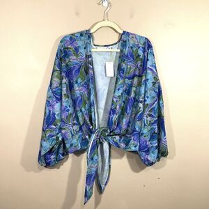 Susan Graver Womens Metallic Floral Tie Front Cardigan XL Blue Coastal Boho NWT